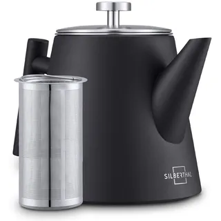 SILBERTHAL Thermo Teekanne mit Siebeinsatz (1L) Schwarz - Doppelwandig aus Edelstahl - Hält lange warm