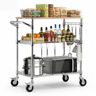 Vevor Küchenwagen mit 3 Ebenen, Schwerlast-Servierwagen bis 300 kg, Rollwagen mit Höhenverstellbaren Drahtablagen, Griff & Arbeitsplatte, Metallregal auf Rollen für Küche, Garage, 762 x 457 x 914 mm