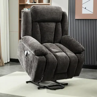 Merax Elektrischer Relaxsessel, Massagesessel mit 8-Punkt-Massa und Heizfunktion, Fernsehsessel mit Hebefunktion, Stoffsofa mit Staufach, Grau - Hellgrau