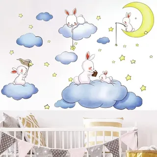 WandSticker4U®- XXL Wandsticker Babyzimmer SWEET DREAMS (110x100 cm) I Wandtattoo Kinderzimmer Hase Mond Sterne Wolken Gute Nacht I Wand Aufkleber Mädchen & Junge Deko GROß