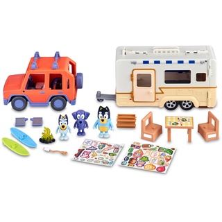 Bluey Familienset Cruiser + Campervan, Playset, Auto-Set der Familie, Wohnmobil, mit 3 Figuren, 10 Zubehörteilen und dekorativen Aufklebern, 3 Jahre Berühmt (BLY53000)