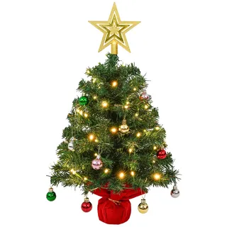 AGM 60 cm Tisch Weihnachtsbaum Klein mit 50 LEDs Lichterketten Deko 28 bunten Weihnachtsdekoration Kugeln, 24inch Künstlicher Christbäume, 1 fünfzackiger Stern Oben, Base von Rote Baumwolle(1 Stück)