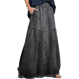 Bossy Damen Lässiger Maxi-Jeansrock mit elastischer Taille und ausgefranstem Saum, A-Linie, Used-Look - Grau - Groß