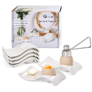 ChasBete Eierbecher Porzellan 6er Set, mit 1 Eierköpfer, Weiß | Eierbecher lustig, keramik, stapelbar, für hart und weichgekochten Eiern, spülmaschinenfest, Dekoration für Frühstück