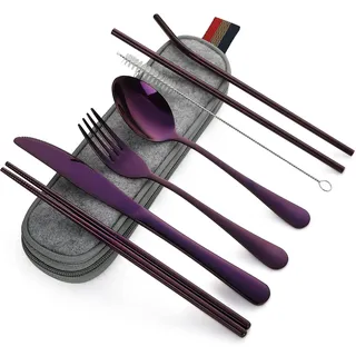 DEVICO Tragbares Camping Besteck - 8-Teiliges Edelstahl Reisebesteck mit Messer, Gabel, Löffel, Essstäbchen, Strohhalmen, Reinigungsbürste und Etui - Ideales Besteck Set für Unterwegs (Purpur)