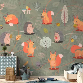 Vlies Fototapete - Friends from the forest - colourful forest with mushrooms and animals for children 300x210 cm Für Kinder g-C-0368-a-a