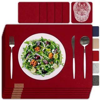 Sölmo 12er Premium Platzsets aus Filz Tischset Platzset 42x32 cm abwaschbar Filzuntersetzer Platzdeckchen Untersetzer Teller Platzset und Glas Untersetzer Echtholz Tisch geeignet Rot, Wine Red