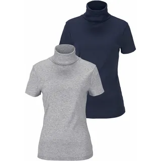 Rollkragenshirt FLASHLIGHTS, Damen, Gr. 48/50 (XL), blau (grau, meliert, marine), Rippware, Obermaterial Melange: 95% Baumwolle, 5% Viskose. Obermaterial Uni: 100% Baumwolle, meliert, Basic, figurbetont, abgesteppt, Shirts Rollkragenshirt, eng geschnitten, aus Baumwolle, Kurzarm, ohne Kapuze