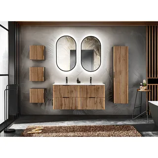 Badezimmermöbel Set mit Doppelwaschtisch 120 cm, LED Spiegel XANTEN-56 in anthrazit mit Eiche Nb. schwarz gerillt, B/H/T: ca. 230/200/46 cm - Braun
