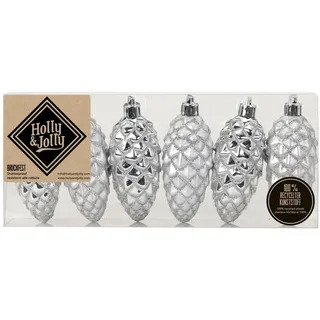 Holly & Jolly - Weihnachtsbaumschmuck Tannenzapfen Winter Silver, 6 Stück | Christbaumschmuck aus Kunststoff, ca. 9 cm, Zapfen in Silber, beglittert, Weihnachtsdeko für Innen
