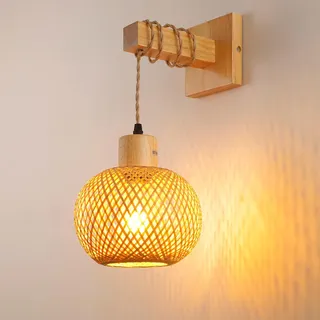 Schindora Wandleuchte Innen Boho Vintage Bambuslaterne Lampe,E27 Nylon-Seil Bambus Holz Und Metall Wandlampe Innen Kreativ Handgewebt Boho Lampe FüR Das Bad Wohnzimmer Schlafzimmer
