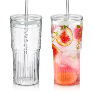 Joeyan 650ml Groß Trinkglas mit Deckel und Strohhalm, 2er Set Bubble Tea Becher, Outdoor Latte Macchiato Gläser, Glasbecher Spülmaschinenfest,Trinkbecher für Smoothie Eiskaffee Matcha Cocktail Saft