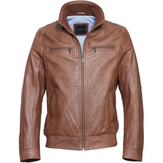 Lederjacke BUGATTI "BUMATTEO", Herren, Gr. 58, braun (cognac), Obermaterial: 100% Lammleder LEL. Futter: 50% Baumwolle CO. 50% Polyester PES. 50% Baumwolle CO. 50% Polyester PES., uni, modern fit, V-Ausschnitt, Jacken Lederjacke, mit Stehkragen