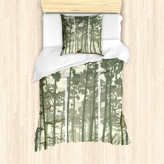 ABAKUHAUS Wald Mantele, Kiefer Deer Motiv, Milbensicher Allergiker geeignet mit Kissenbezügen, 135 cm x 200 cm - 80 x 80 cm, Weises Grün-Creme Brown - Grün