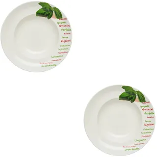 KHG 2er-Set Pastateller, groß mit 30 cm in Basilikum Print, Durchmesser | perfekt für Gastro und Zuhause, hochwertiges Porzellan, Suppenteller, Salatteller, spülmaschinengeeignet, praktisch