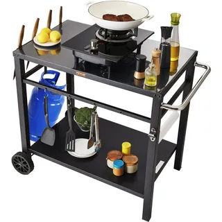 Vevor Servierwagen Küchenwagen 100 x 64 x 83,5 cm Outdoor-Grill-Esswagen mit Doppelter Ablage, Beweglicher Grilltisch für die Zubereitung von Speisen, Multifunktionale Tischplatte aus Eisen Schwarz