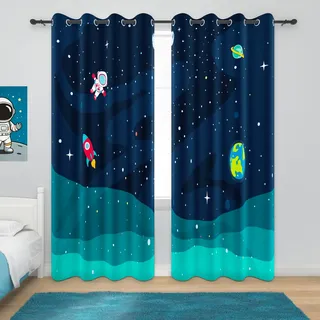 YONGFOTO Vorhang Weltraum Kinderzimmer Universum Galaxie Rakete Planeten Astronaut Weltall Verdunklungsvorhänge Kinderzimmer Junge mit Ösen Marineblau 2 Stück 140 x 229 cm
