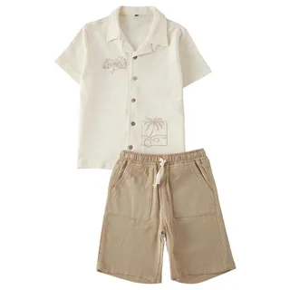 TRENDYOL Beige Male Child Cotton Palm Embroidered Short Sleeve Knitted Bottom-Top Suit Tkdss25Au00039