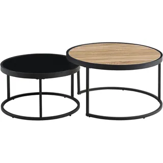 Mid.you Couchtischset , Schwarz, Eichefarben , Metall, Glas, Holzwerkstoff , 2-teilig , rund , rund , 65x80x80 cm , einfacher Aufbau , Wohnzimmer, Wohnzimmertische, Satztische