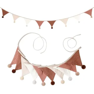 AiQInu Wimpelkette Stoff mit Puschel, 2.6m Wimpelkette Kinderzimmer, Girlande Stoff für Hausbett, Kindergeburtstagsfeier Deko (Beige-Kaffeefarbe)
