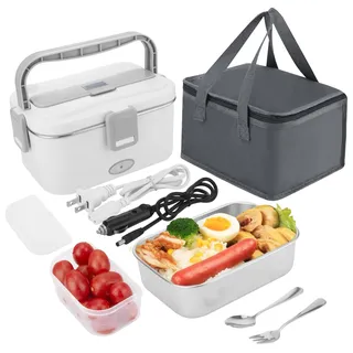 UKOFEW 1.8L Elektrische Lunchbox, 60W Thermobehälter für Essen für Auto, LKW Und Büro Beheizbare Lunchbox 12V 24V Und 220V, Edelstahl Thermoskanne Heißes Essen mit Besteck und Bento-Packung(Weiß)