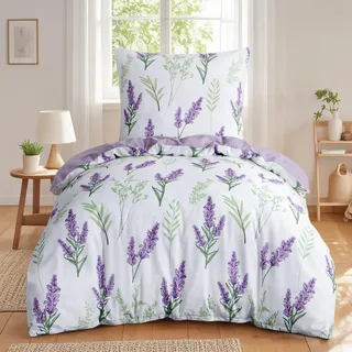 Aisbo Bettwäsche 155x220 Blumen Bettbezug - 2teilig Mikrofaser Bettwäsche-Sets Lavendelmuster Lila mit Reißverschluss, ÖKO-TEX Bettdeckenbezug 155x220cm mit Kissenbezug 80x80cm