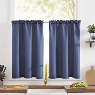 TOPICK Scheibengardine Leinenoptik Bistrogardine 2er Set 90Hx90B cm Uni Kurzer Küche Vorhänge Gewebe Gitter Lichtdurchlässig Paarig Schals für Wohnzimmer Landhaus Kleine Fenster Blau