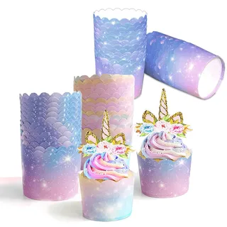 Muffin Papierförmchen, 100 Stück, Rot und Blau Cupcake Wrapper, Muffin Förmchen Papier, für Halloween, Geburtstage, Hochzeiten, Partys (Sternenklarer Himmel)