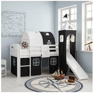 Homestyle4u Hochbett mit Rutsche 90 x 200 cm Kiefer massiv lackiert schwarz/weiß