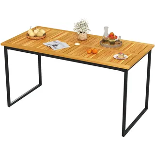 FANTASK Esstisch aus Akazienholz, 140 x 70 x 73 cm, Gartentisch mit Schirmloch, rechteckiger Balkontisch für 6 Personen, bis 75 kg, rechteckiger Outdoor Esstisch für Garten, Terrasse