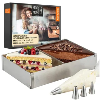 Moritz & Moritz Backrahmen Rechteckig Verstellbar - 5cm hoher Edelstahl Backrahmen eckig - Von 27x18 bis 52x34cm stufenlos verstellbare Kuchenform rechteckig - Mit 10 Spritzbeuteln & 3 Tüllen