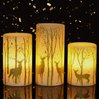 Eldnacele LED Weihnachtskerzen, 3er Set mit goldenem Hirschmotiv | Echtwachskerzen mit 6-Std.-Timer, flackernde Flamme, goldenes Hirsch- und Waldmotiv, 3 AAA je Kerze, Weihnachtsdeko