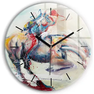 Wallfluent Wanduhr – Stilles Quarzuhrwerk - Uhr Dekoration Wohnzimmer Schlafzimmer Küche - Zifferblatt mit Striche - schwarze Zeiger - 30 cm - Illustration von galoppierenden Pferden - Bunt