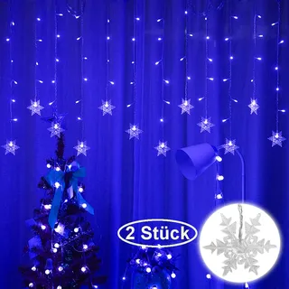 2 Stück Schneeflocke Lichterkette 94LEDs Lichtervorhang Blau Innen 8 Modi IP44 Deko Für Weihnachten Fenster Balkon Garten Party - Blau