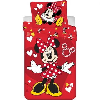 Disney Kinder Wendebettwäsche Minnie Mouse Rotes Kleid Rote Schleife Sterne Herzen Bettwäsche 140 x 200 + Kopfkissen 70 x 90 cm 100% Baumwolle - Schwarz, Rot, Gelb