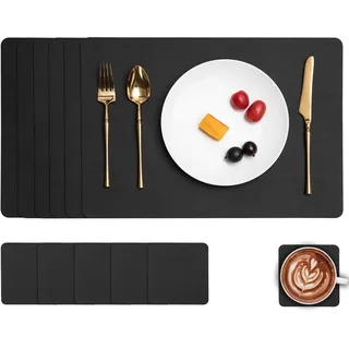 Myir JUN Tischsets Abwaschbar und Untersetzer, Platzset Leder Platzdeckchen Abwaschbar Doppelseitigen Tischsets Umkehrbares Tischset rutschfest Tischset Lederoptik (Schwarz A, Satz von 6)