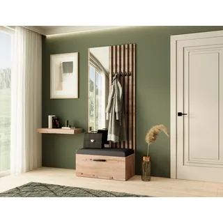 Garderobe MARGARET II, Farbe: Artisan + Schwarze Lamellen + Schwarz, mit Spiegel - Schwarz, Braun