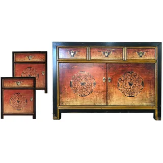 Chinesische Möbel Kombination Fire Shabby Chic Vintage Sideboard Kommode Schrank Hochzeitsschrank Nachtkästchen asiatisch orientalisch fernöstlich rot-orange-schwarz - Schwarz