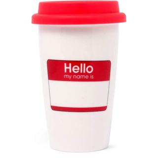 ThumbsUp! Thumbs up Keramikbecher mit Silikondeckel "Hello - My Name Is" zum selber beschriften 275 ml