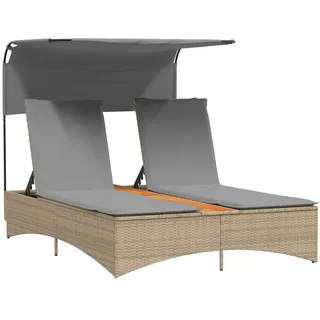 vidaXL Doppel-Sonnenliege mit Dach und Auflagen Beige Poly Rattan - Grau