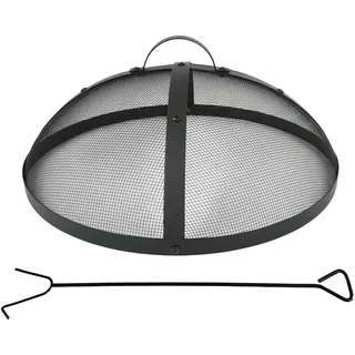 Relaxdays Funkenschutz für Feuerschale, Ø 50 cm, inkl. Schürhaken, mit Griff, rundes Funkenschutzgitter, Stahl, schwarz