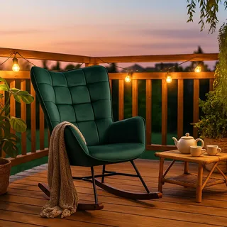 MEUBLE Cosy Schaukelstuhl Garten, Relaxsessel für überdachte Terrasse und Balkon, Skandinavisches Design mit Holz und Metallfüßen, Samt Nicht wasserdicht