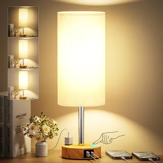 Kakanuo Nachttischlampe Touch Dimmbar, Tischlampe mit USB-C+A-Ladefunktion Steckdose, Kleine Nachttisch Lampe mit Leinenschirm Holzsockel für Wohnzimmer Schlafzimmer Büro(Inklusive LED-Birne)