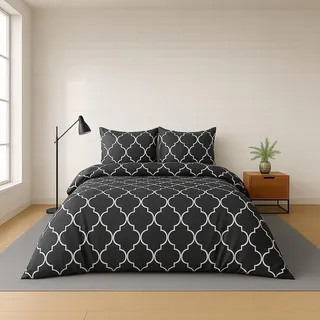 Bettwäsche 155x220 cm. 2-teilig Set 100% Baumwolle Bettbezug Anthrazit Weiß Orientalisches Design - Schwarz