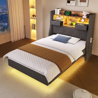 Ball & Cast Bed Frame (90x200 cm), Schwebebett mit Beleuchtung und Ladestation, Kopfteil mit Schublade & Seitentaschen, Leinen, Grau, Ohne Matratze