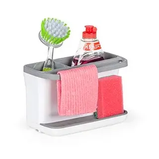 ROSMARINO Spülbecken-Organizer | Sink Caddy für Küche mit Utensilien-Korb | Mit Abflusspfanne & Klebstoff | Dual-Use für Schwamm, Bürste & Seifenschale | Elegantes Weiss