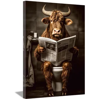LZIMU Badezimmer Kuh Bild auf Leinwand braunes Vieh das auf Toilette sitzt und Zeitung liest Leinwand Bild lustige Tiere Poster Wanddekoration Gerahmt(4, 30x45cm)