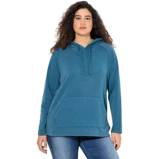 Ulla Popken Damen große Größen Übergrößen Plus Size Hoodie, Vintage-Look, verzierte Kordel, Langarm Petrol 54+ 842072751-54+