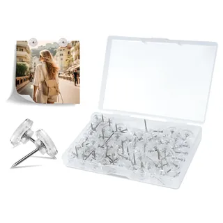 Kolamom 120 Stück Reißzwecken mit Aufbewahrungsbox, 16mm Reißnägel Flacher Kopf, Transparente Heftzwecken, Pinnadeln für Pinnwand, Korkplatte, Fotos, Landkarte, Handwerke, etc.