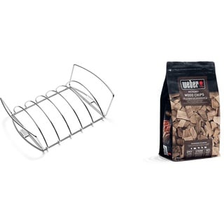 Weber 6469 Original Rib and Roast Holder & 17624 Räucherchips Hickory 700g, Räuchern, Aroma, Grillen, Braun, 17.8x8.9x30.5 cm